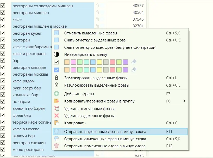 минусация ключевых слов
